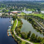 Aerial view of a cityscape in Xochimilco, Mexico